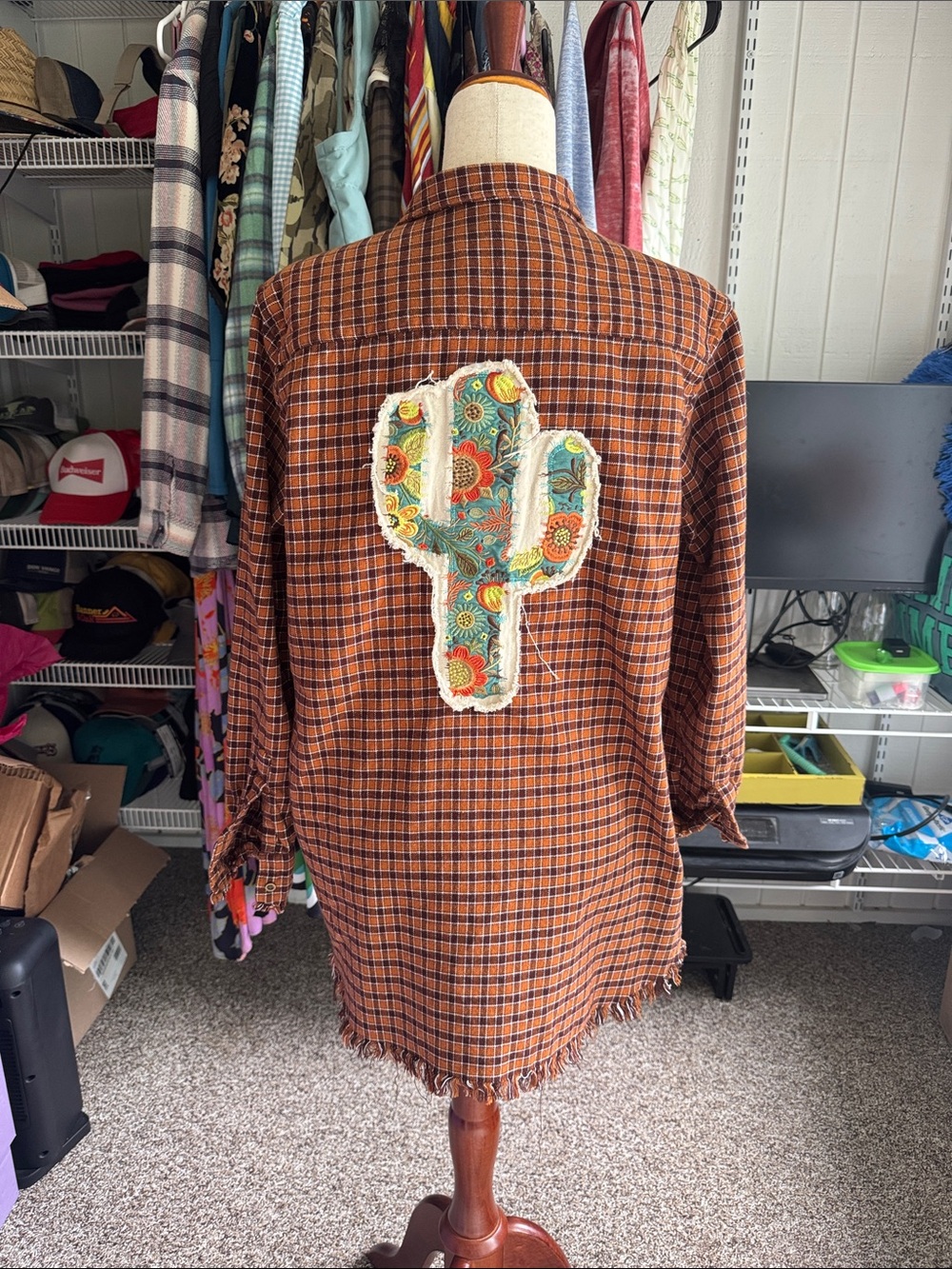 Women's Orange Plaid Button-Down Shirt with Cactus Patch